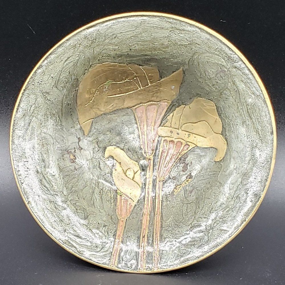 Rosenthal Netter Vintage 1970s Enameled Lily Flowers Brass 5.5" Pedestal Bowl